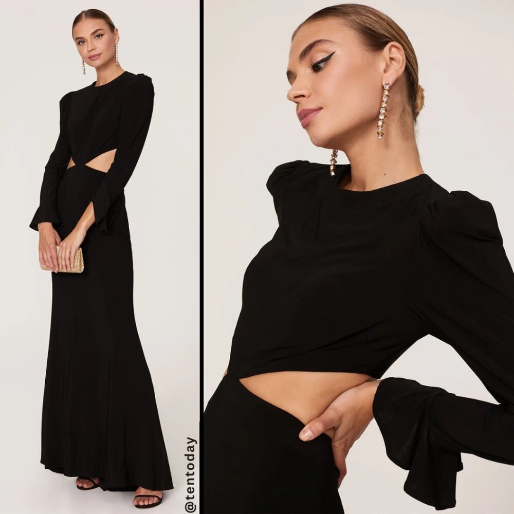 NEW $398 Mac Duggal Size 2 Black Puff Long Bell Sleeve Cut Out Maxi Gown Dress